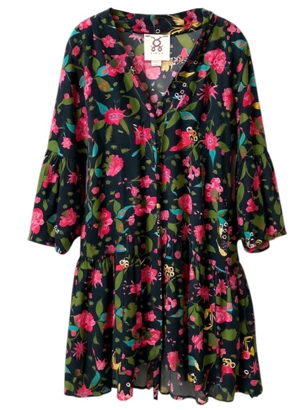 FIGUE BLACK / PINK MULTI FLORAL PRINTED SILK WRAP DRESS